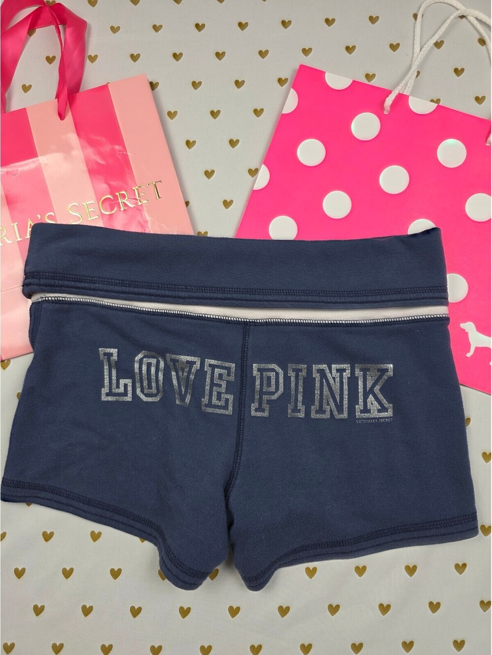 Vintage 2008 VS PINK LOVE PINK Foldover Booty Shorts XS Navy Dog